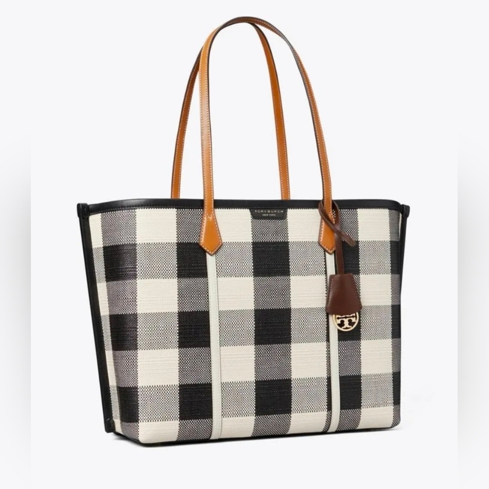 Tory Burch Black & White Check Canvas Tote with Tan Leather Handles